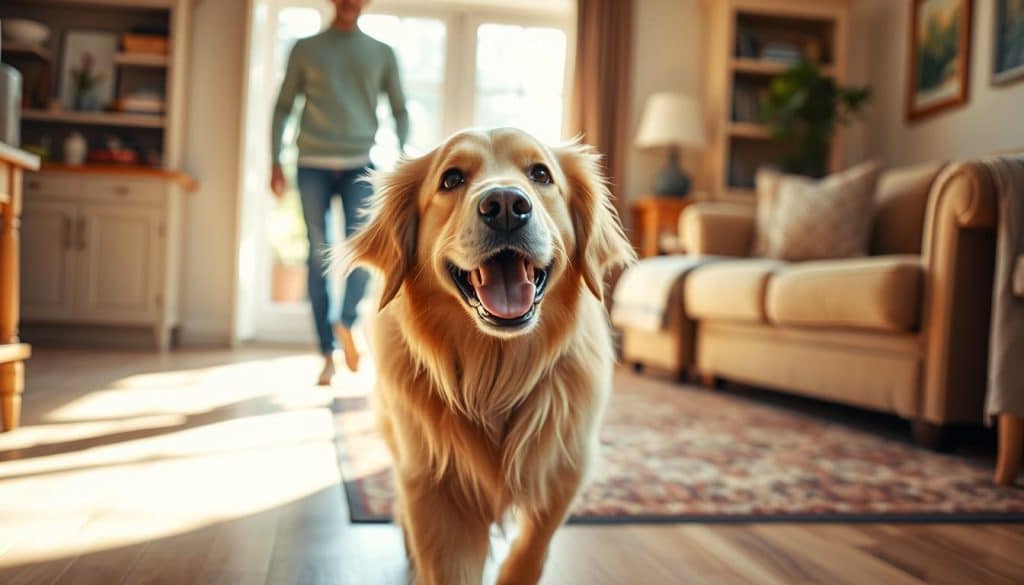 golden retriever following owner