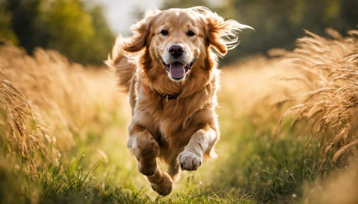 A Golden Retriever running happily in a field with a captivating smile on its face