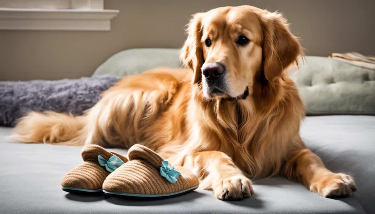 A Golden Retriever looking lovingly at a pair of slippers.