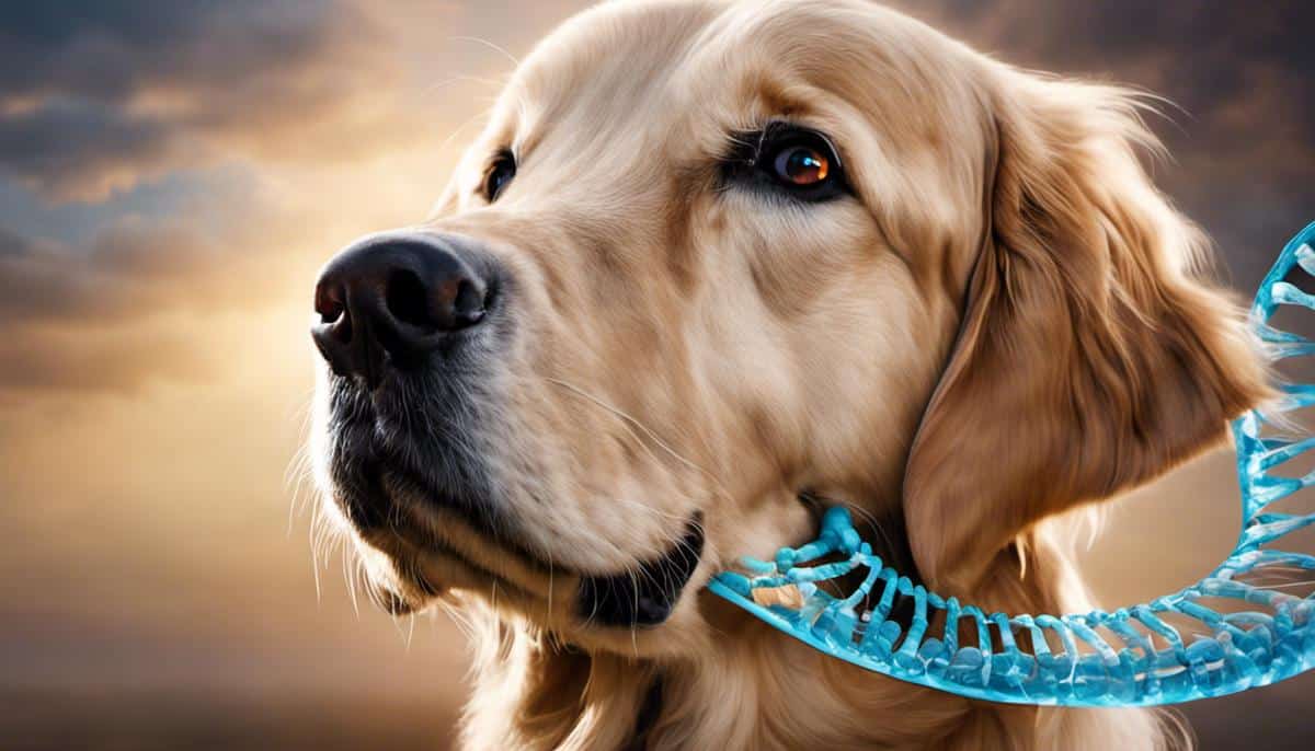 An image showing a Golden Retriever with a DNA strand above it representing canine genetics.