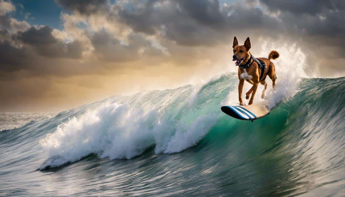 A picture of a dog riding a wave while surfing