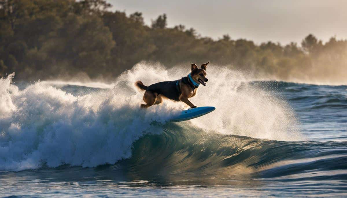 A picture of a dog riding a wave while surfing