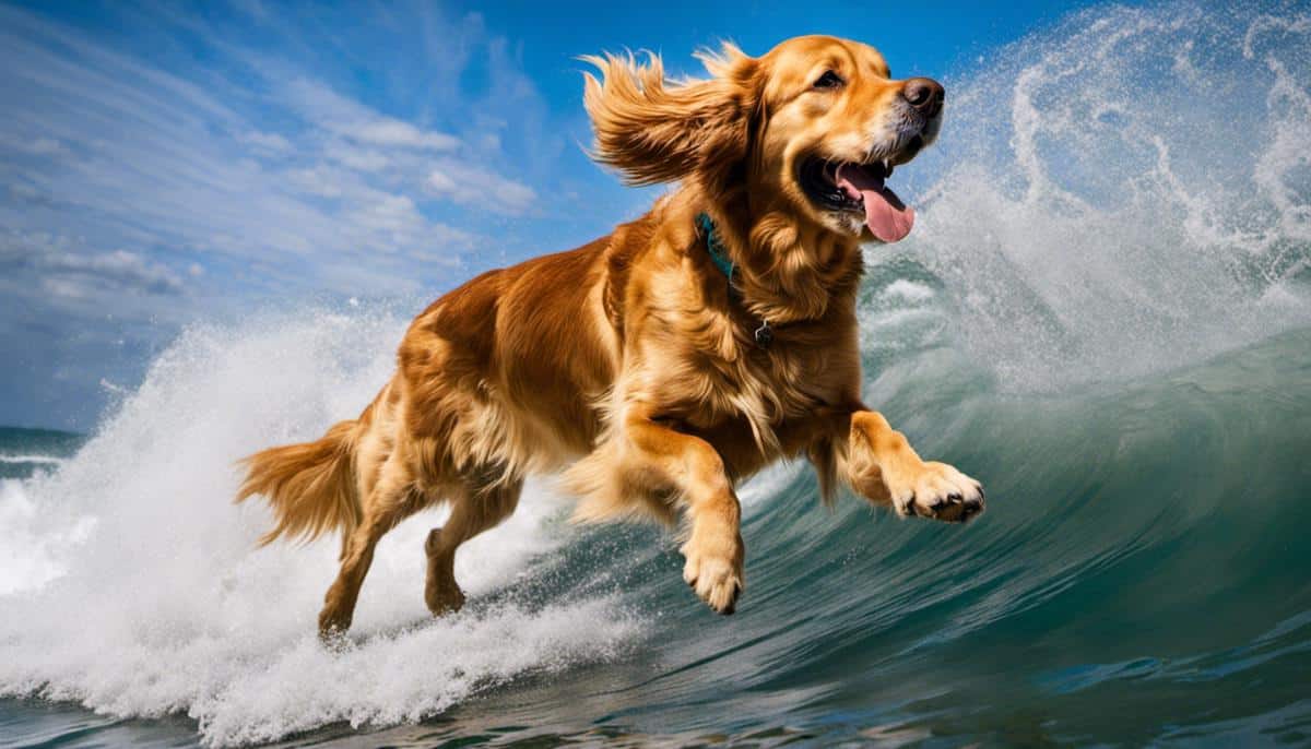 A happy Golden Retriever riding a wave while surfing, showing the excitement and joy of dog surfing.