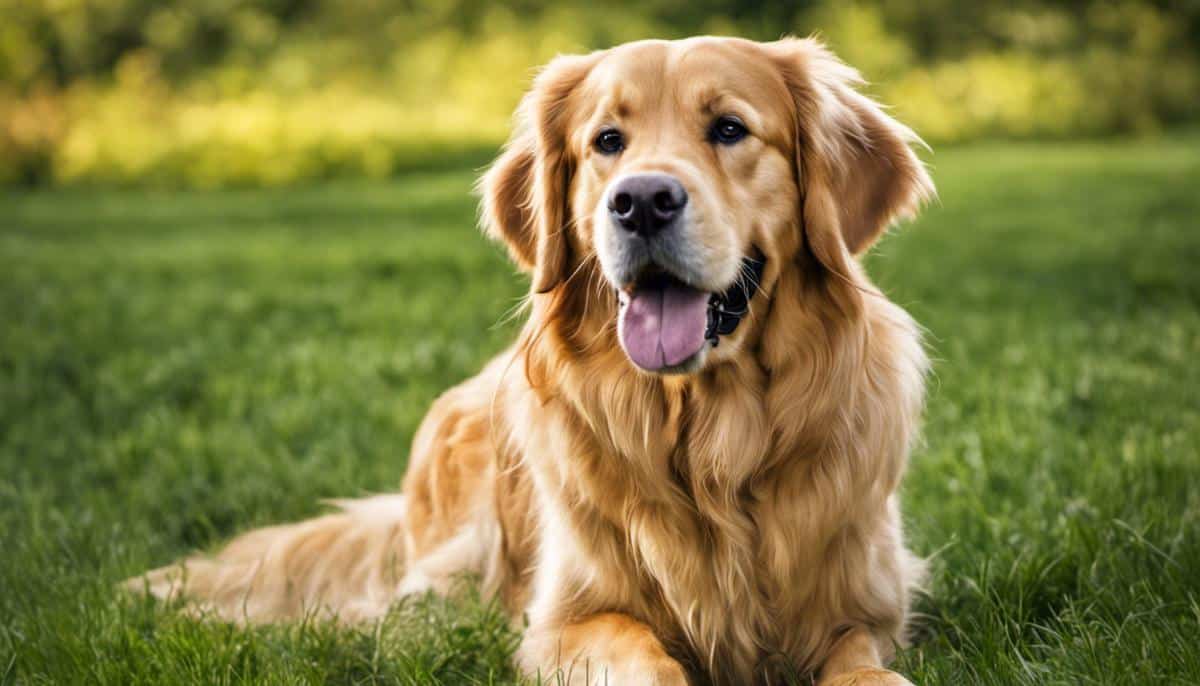 A golden retriever sitting on grass with a relaxed and happy expression.