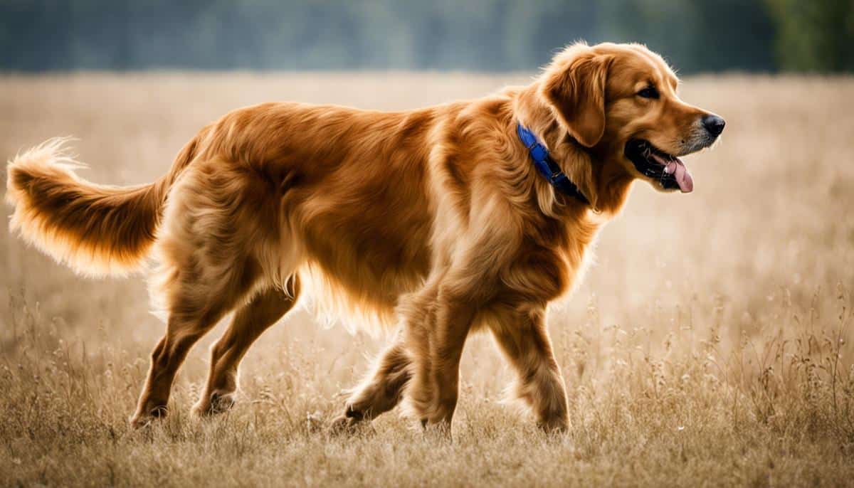 An image of a Golden Retriever displaying different body language cues, such as tail position, ear position, and body posture, allowing for a better understanding of their emotions and communication.