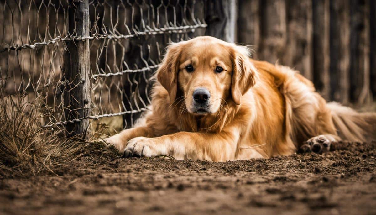 Image of a Golden Retriever attempting to dig under a fence, showcasing their escape artist abilities.