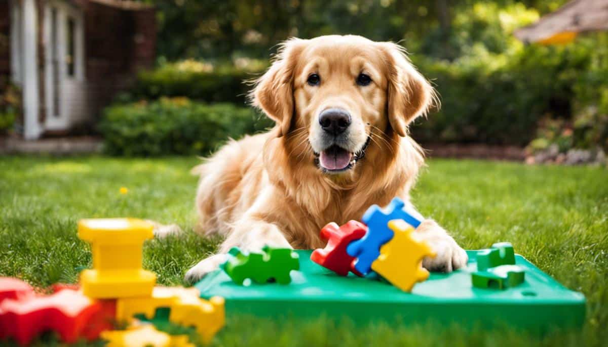Image of a Golden Retriever playing with puzzle toys in a backyard