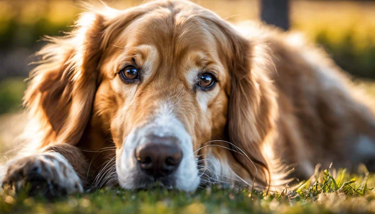 A happy Golden Retriever with a wagging tail, showing its friendly and content demeanor.