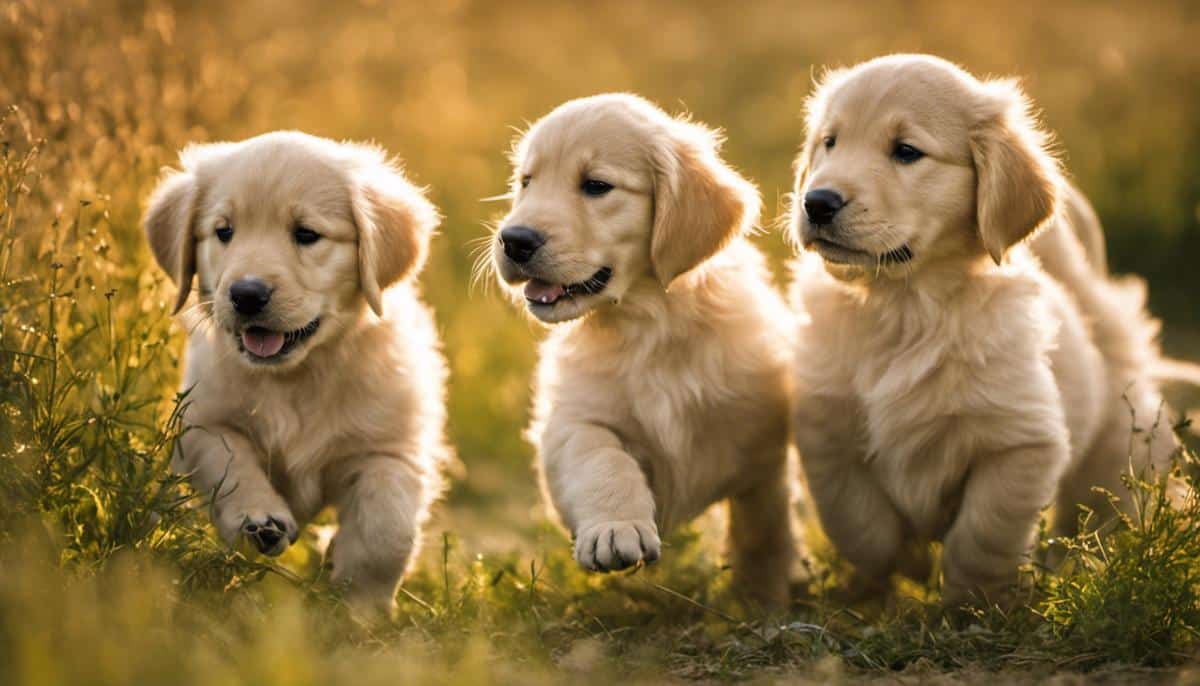 Image of golden retriever puppies playing in a field