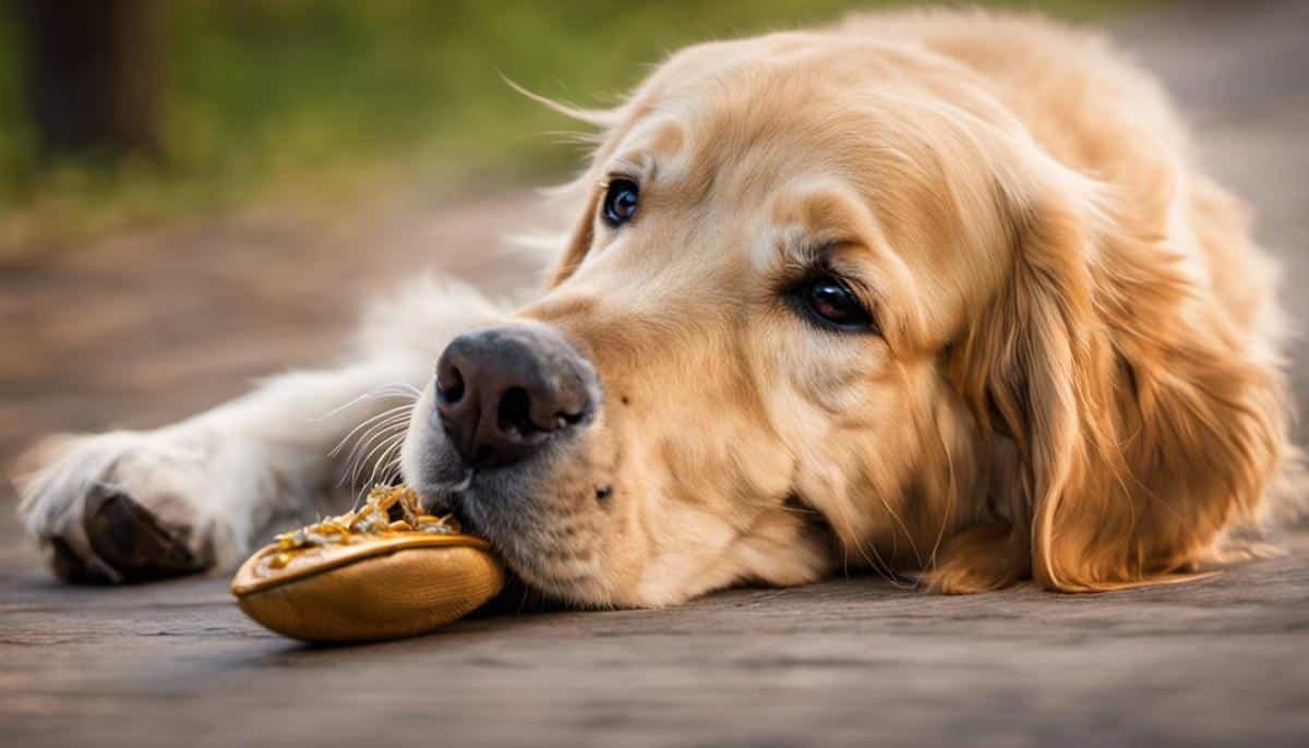 A golden retriever happily holding a slipper in its mouth.