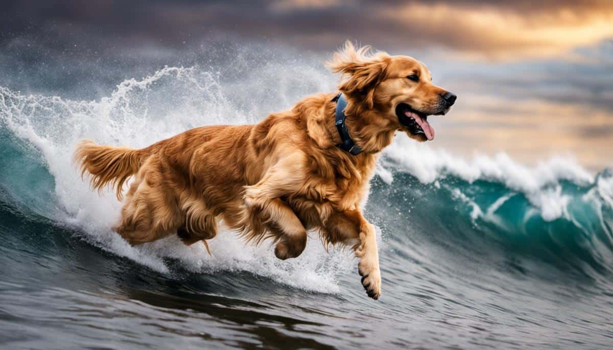 image of a Golden Retriever riding a wave