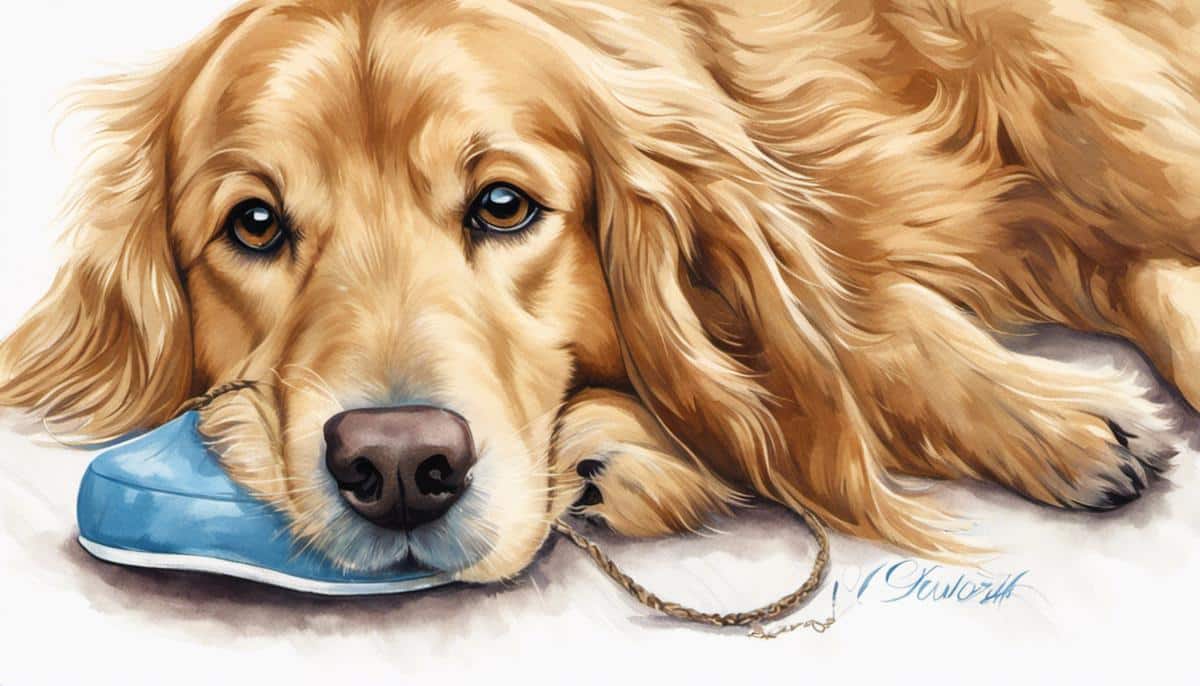 Illustration of a Golden Retriever holding a slipper playfully in its mouth