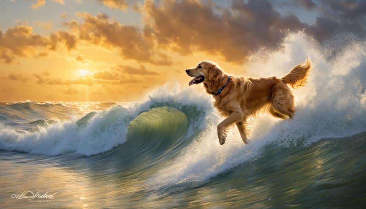 A Golden Retriever riding a wave with excitement and joy.